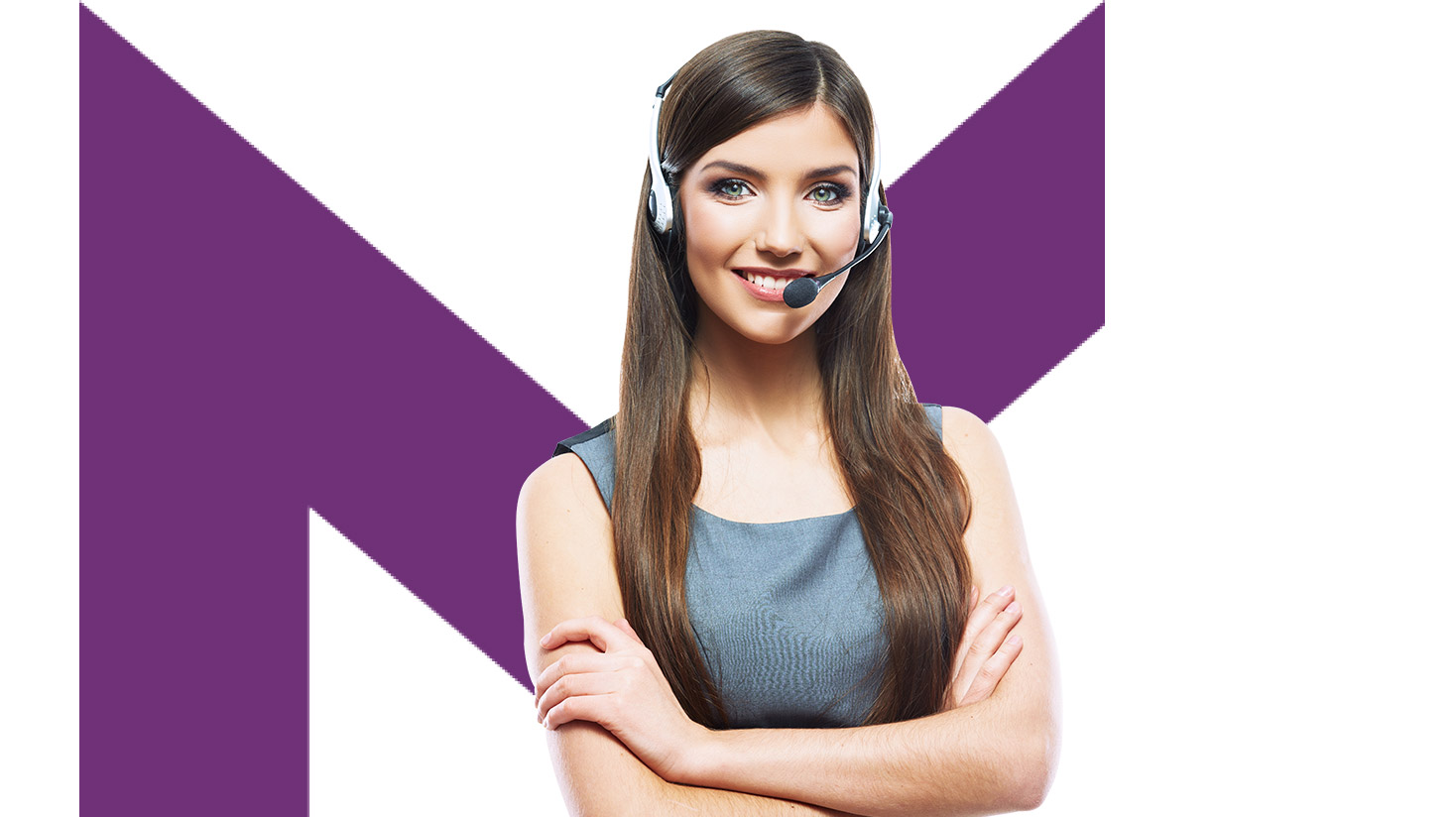 woman wearing a headset smiling with arms folded