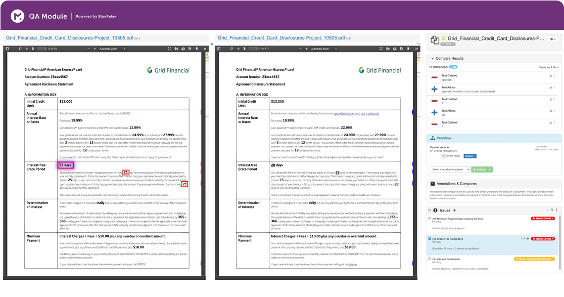 Messagepoint QA module side-by-side document comparing
