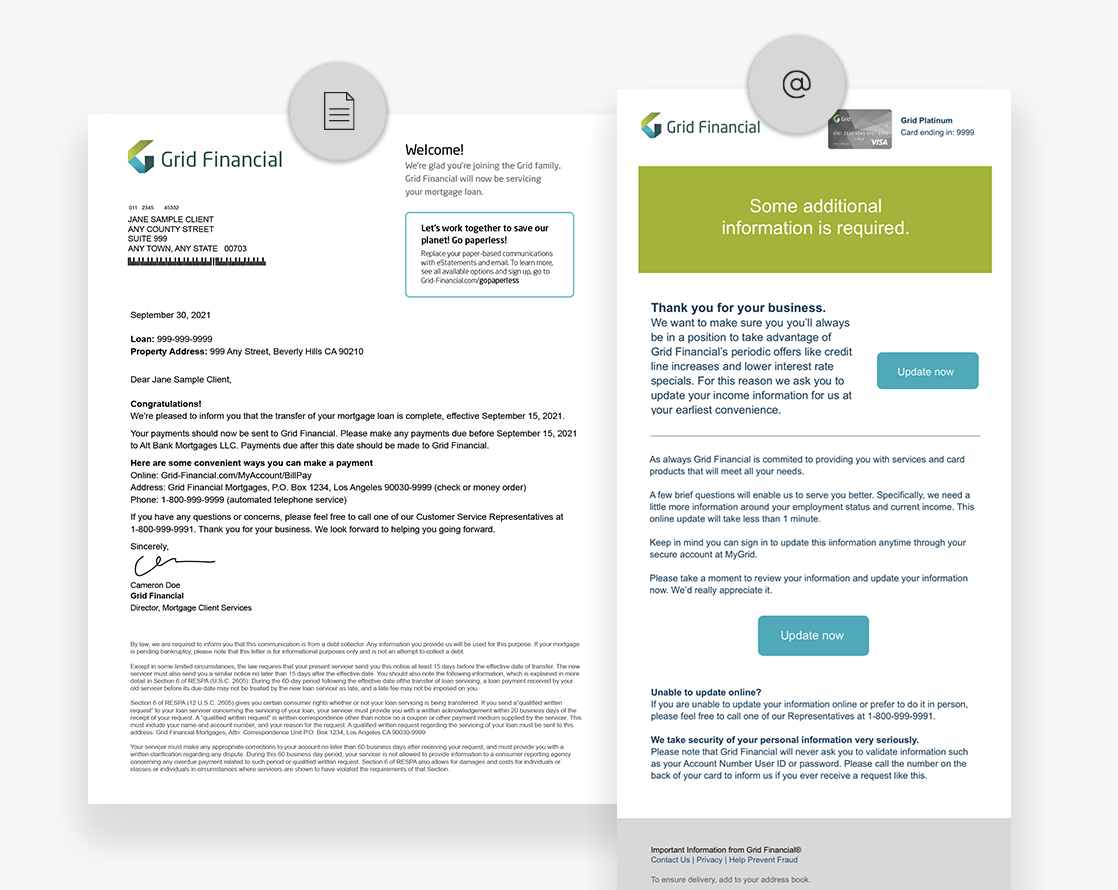 a letter and email from Grid Financial