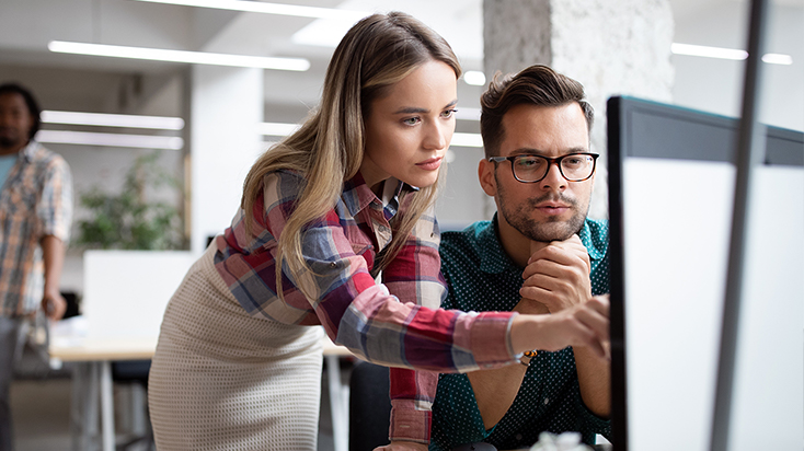 Coworkers on computer resolving an issue