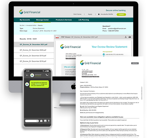 Mortgage communications in print, online portal and text message