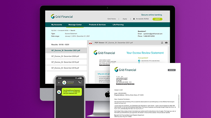 Mortgage communications in print, online portal and text message