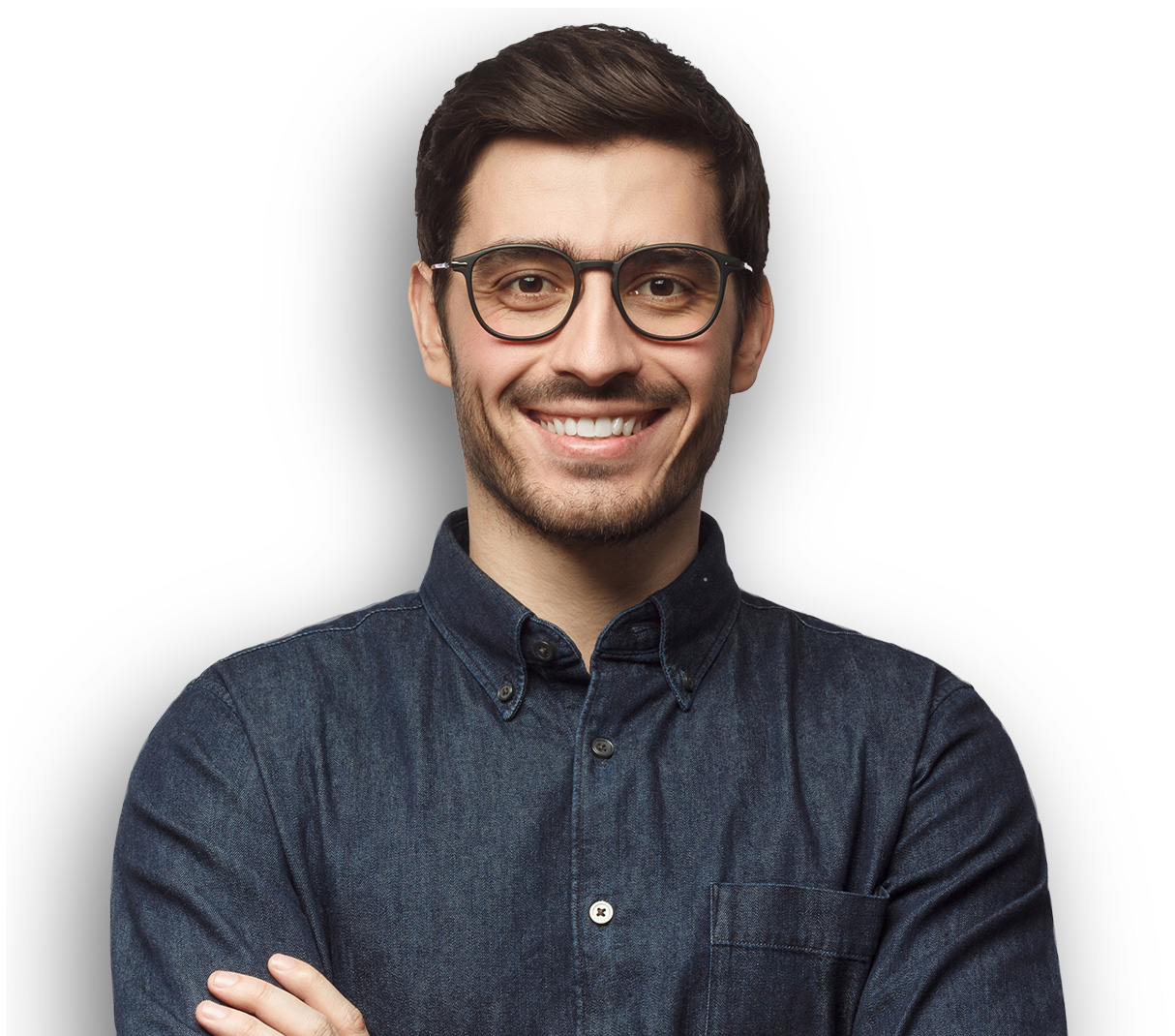 Handsome man with glasses smiling with arms folded