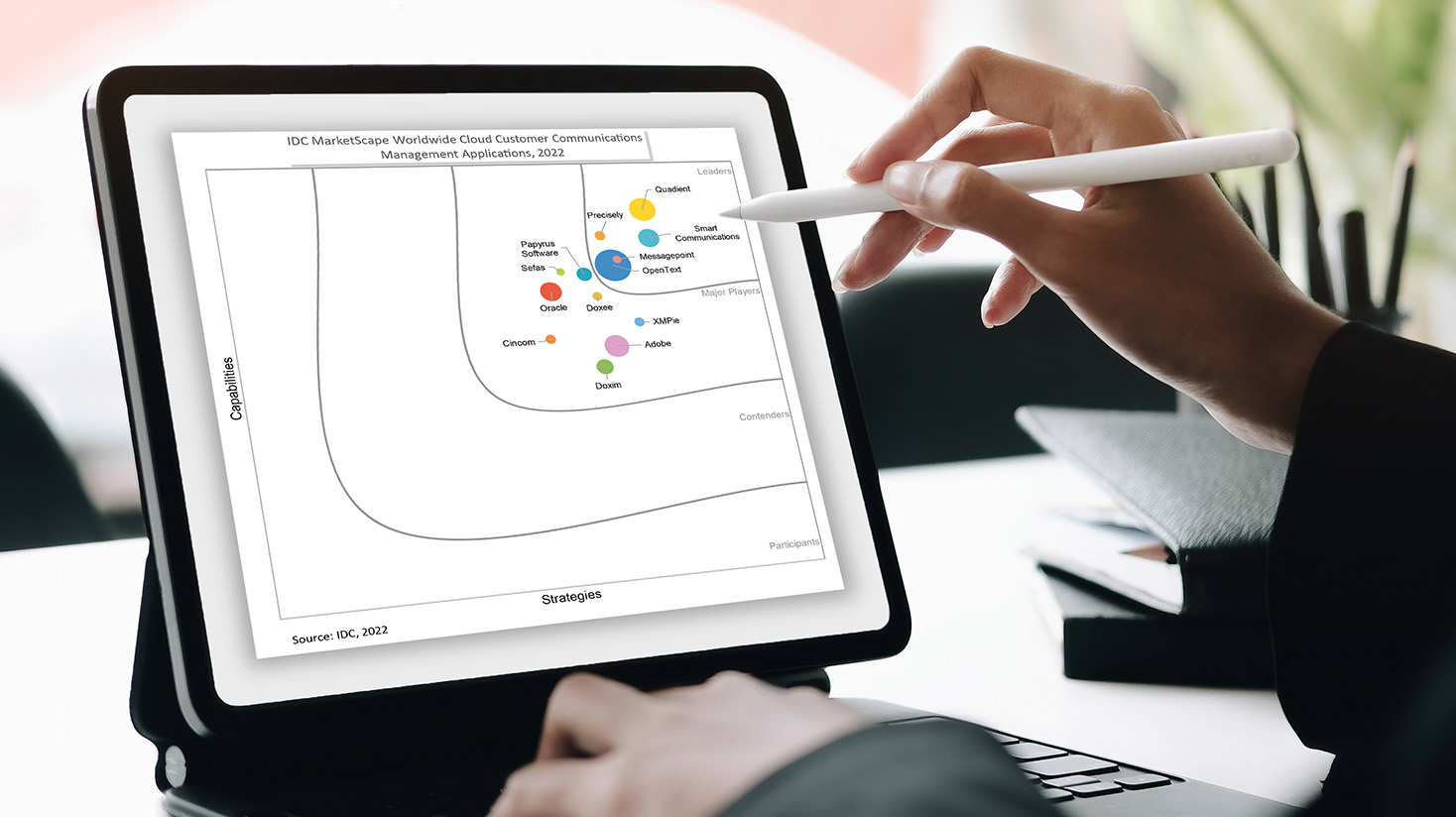 Hand pointing at an ipad displaying a chart