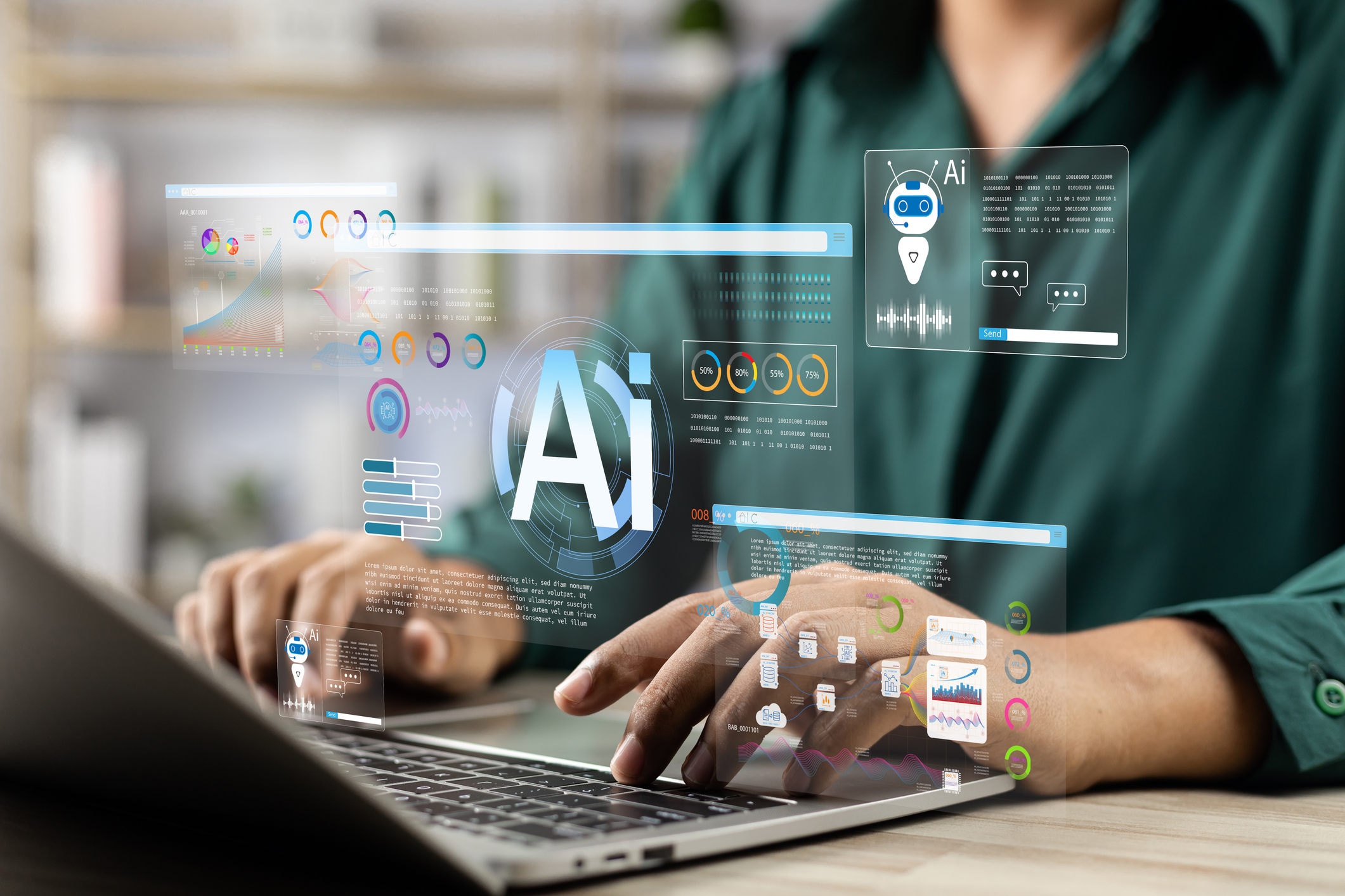 Businessman use artificial intelligence AI technology for enhanced work efficiency with translation.