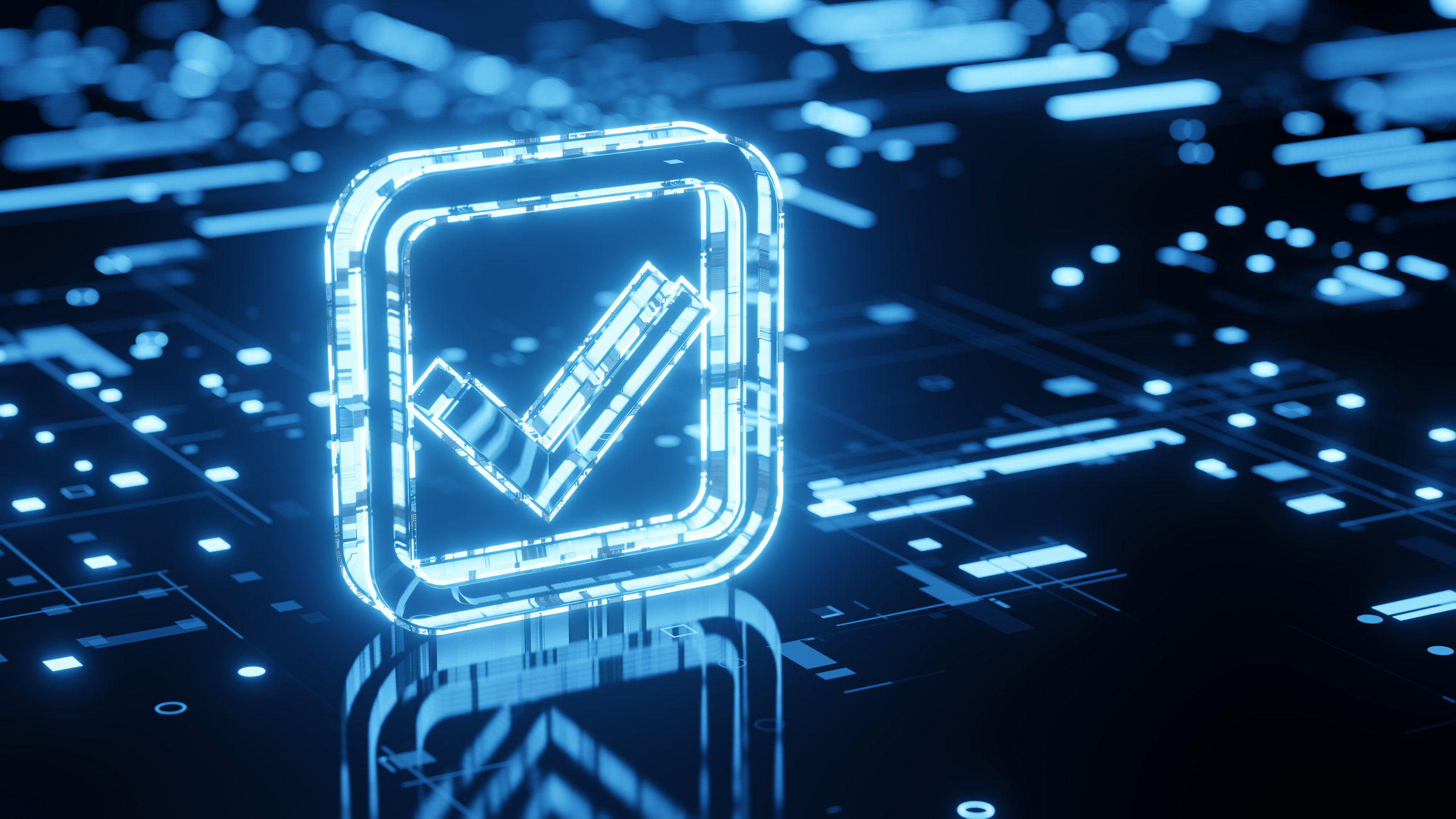 Check mark sign. Digital 3d glowing icon on abstract technology background. 3d render