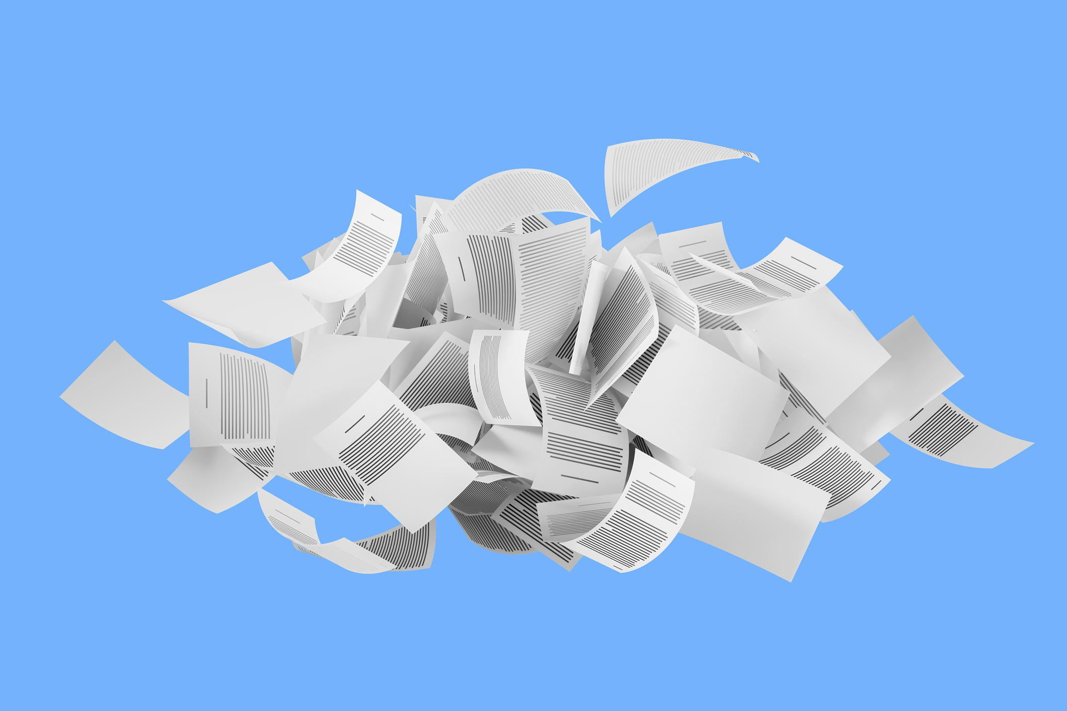 Pile of flying documents with scattered papers on light blue background. 3D Rendering